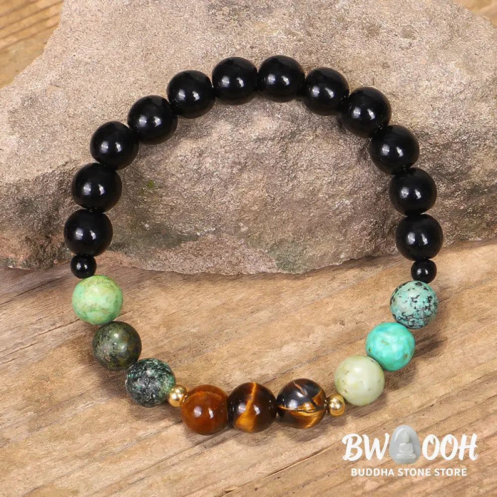 BWOOOH 108 Mala Beads handcrafted from natural Tiger Eye and Turquoise stones, strung on premium elastic string, worn as a protection and strength bracelet and necklace, featuring an 8.5cm tassel. - View 3