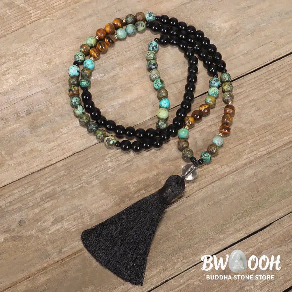 BWOOOH 108 Mala Beads handcrafted from natural Tiger Eye and Turquoise stones, strung on premium elastic string, worn as a protection and strength bracelet and necklace, featuring an 8.5cm tassel. - View 7
