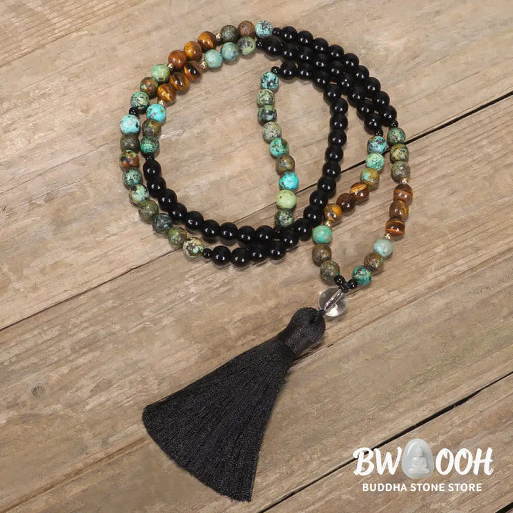 BWOOOH 108 Mala Beads handcrafted from natural Tiger Eye and Turquoise stones, strung on premium elastic string, worn as a protection and strength bracelet and necklace, featuring an 8.5cm tassel. - View 7