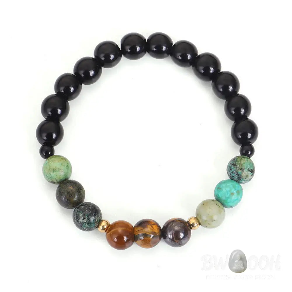 BWOOOH 108 Mala Beads handcrafted from natural Tiger Eye and Turquoise stones, strung on premium elastic string, worn as a protection and strength bracelet and necklace, featuring an 8.5cm tassel. - View 4