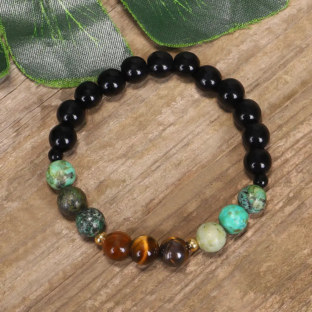 BWOOOH 108 Mala Beads handcrafted from natural Tiger Eye and Turquoise stones, strung on premium elastic string, worn as a protection and strength bracelet and necklace, featuring an 8.5cm tassel. - View 2