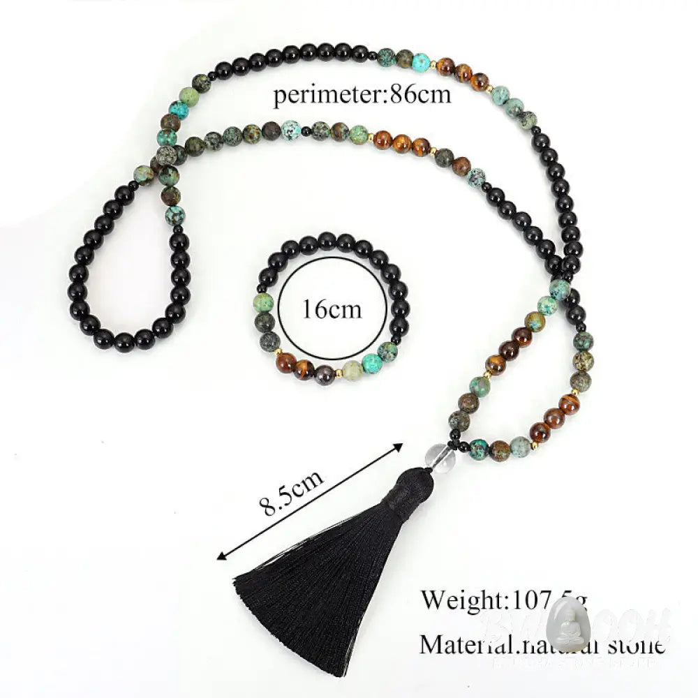 BWOOOH 108 Mala Beads handcrafted from natural Tiger Eye and Turquoise stones, strung on premium elastic string, worn as a protection and strength bracelet and necklace, featuring an 8.5cm tassel. - View 11