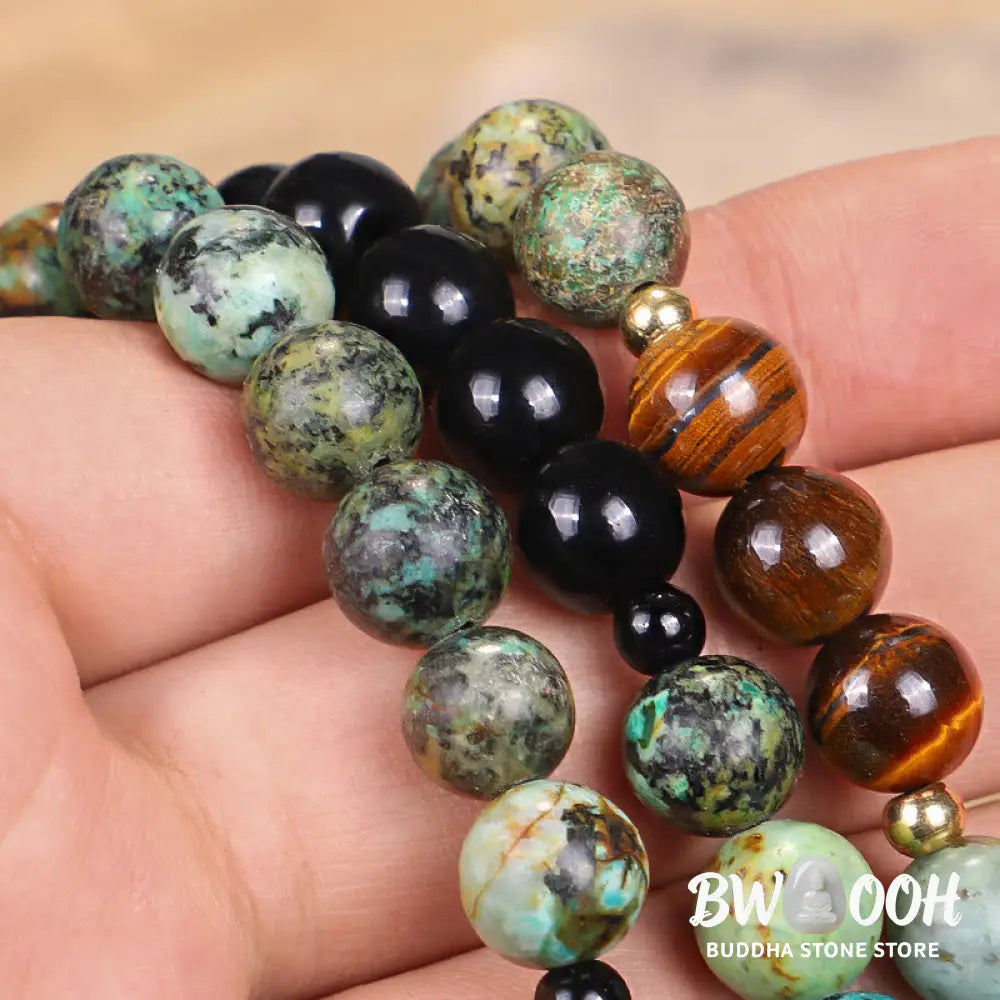 BWOOOH 108 Mala Beads handcrafted from natural Tiger Eye and Turquoise stones, strung on premium elastic string, worn as a protection and strength bracelet and necklace, featuring an 8.5cm tassel. - View 8