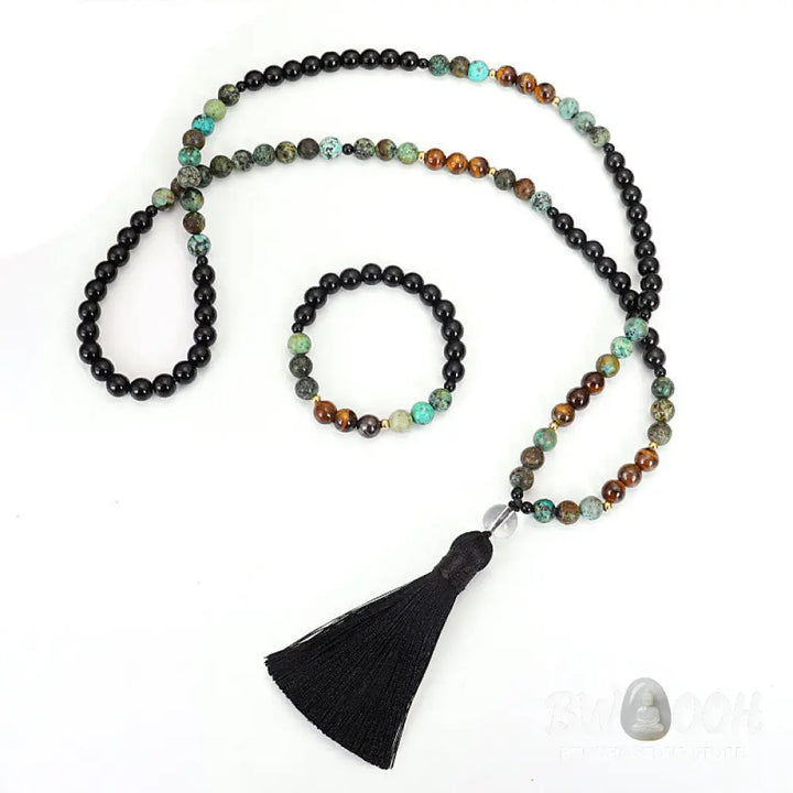 BWOOOH 108 Mala Beads handcrafted from natural Tiger Eye and Turquoise stones, strung on premium elastic string, worn as a protection and strength bracelet and necklace, featuring an 8.5cm tassel. - View 10