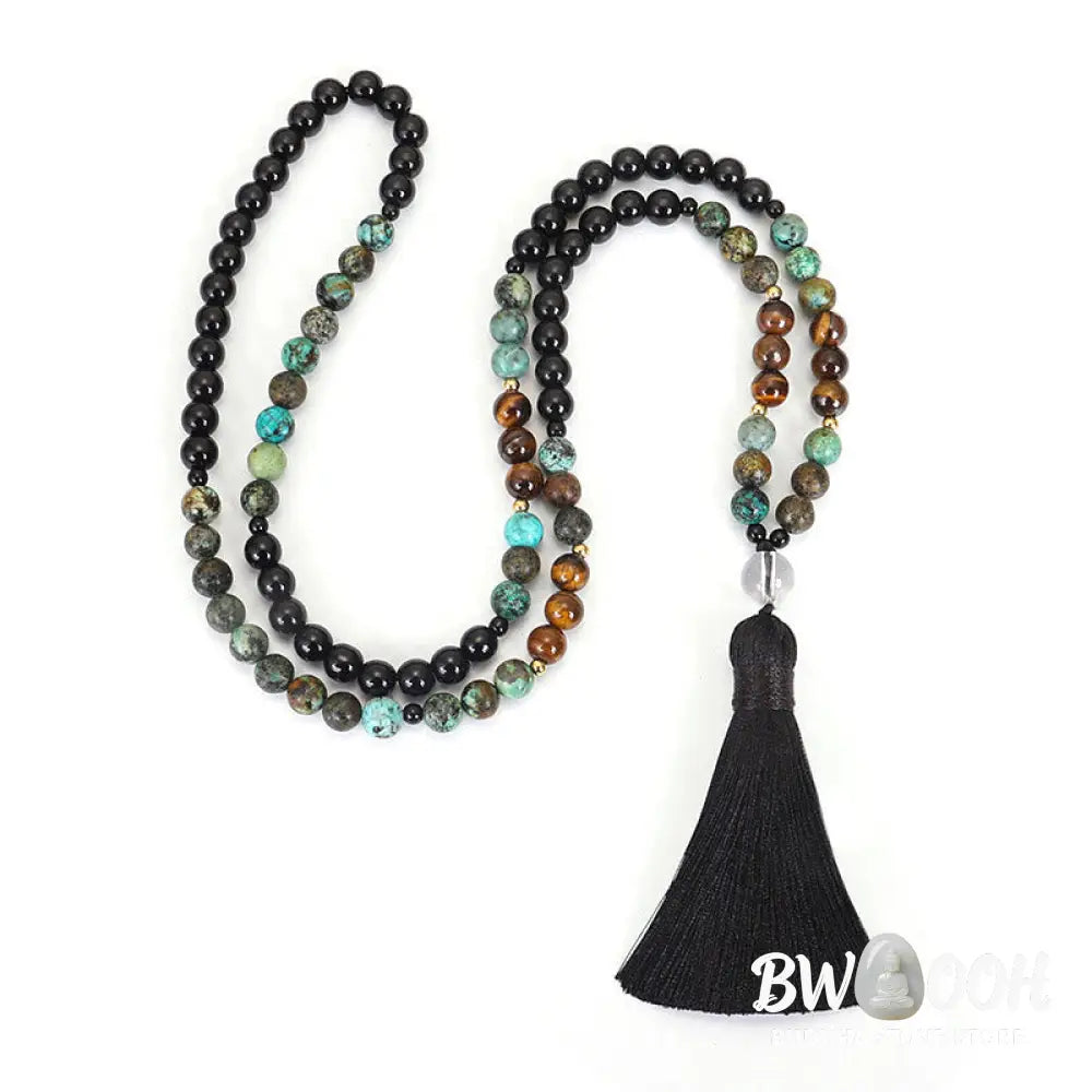 BWOOOH 108 Mala Beads handcrafted from natural Tiger Eye and Turquoise stones, strung on premium elastic string, worn as a protection and strength bracelet and necklace, featuring an 8.5cm tassel. - View 9