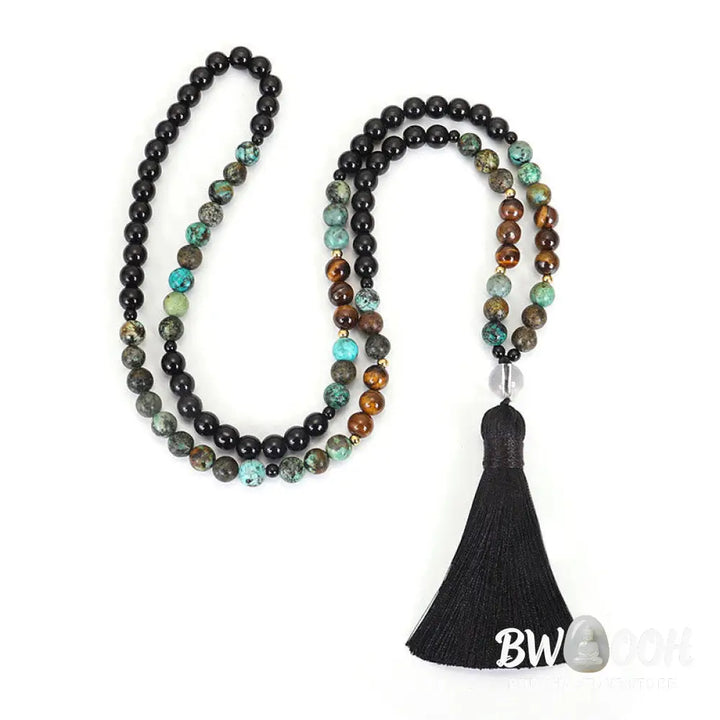 BWOOOH 108 Mala Beads handcrafted from natural Tiger Eye and Turquoise stones, strung on premium elastic string, worn as a protection and strength bracelet and necklace, featuring an 8.5cm tassel. - View 9