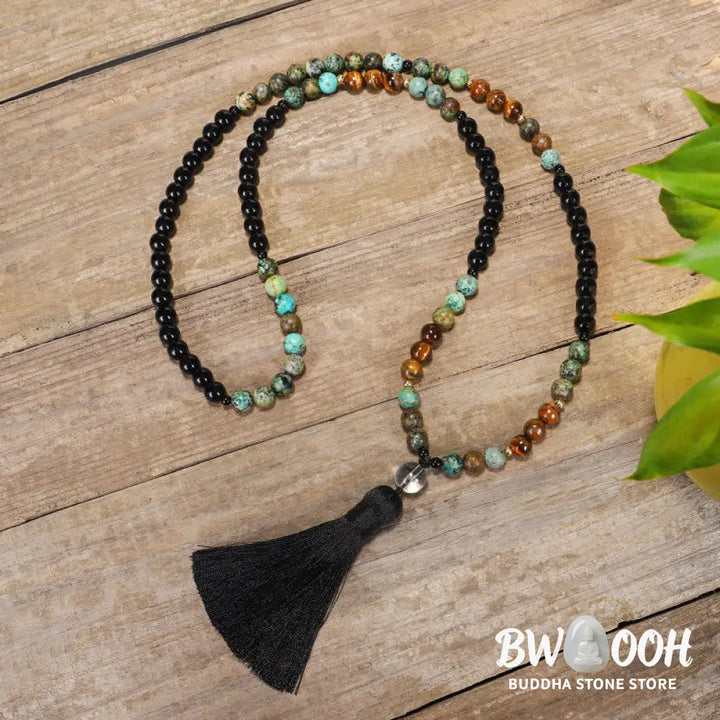 BWOOOH 108 Mala Beads handcrafted from natural Tiger Eye and Turquoise stones, strung on premium elastic string, worn as a protection and strength bracelet and necklace, featuring an 8.5cm tassel. - View 6