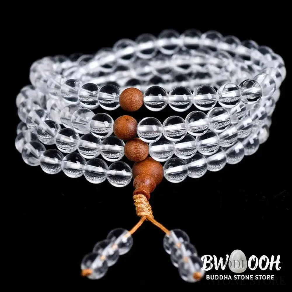 BWOOOH 108 Mala Beads, a unisex meditation bracelet featuring 6mm natural white crystal and distinct sandalwood beads, elegantly wrapped on a premium elastic string. - View 2