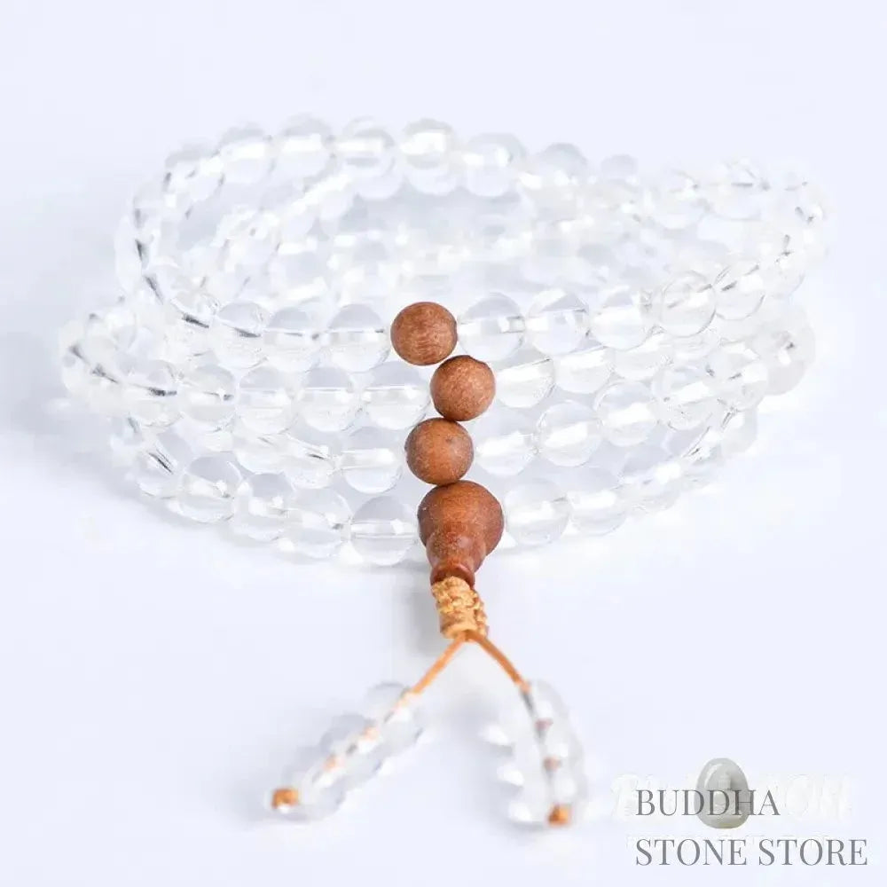BWOOOH 108 Mala Beads, a unisex meditation bracelet featuring 6mm natural white crystal and distinct sandalwood beads, elegantly wrapped on a premium elastic string. - View 3