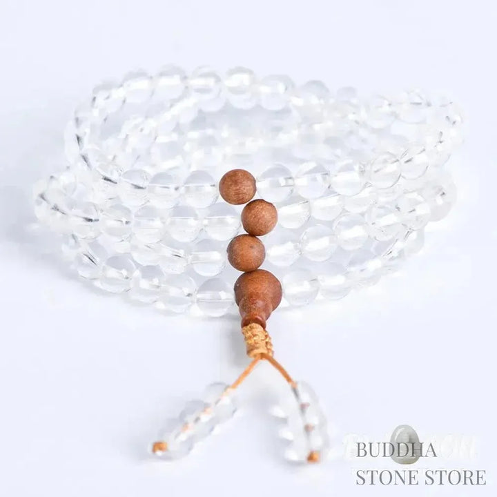 BWOOOH 108 Mala Beads, a unisex meditation bracelet featuring 6mm natural white crystal and distinct sandalwood beads, elegantly wrapped on a premium elastic string. - View 3