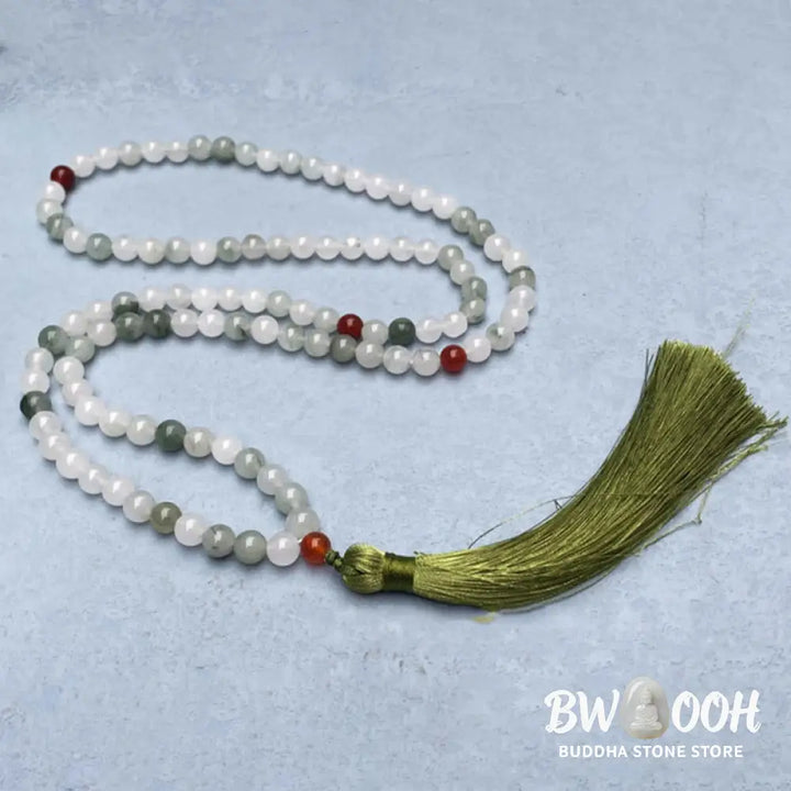 BWOOOH 108 Mala Beads Bracelet featuring polished natural Tianshan Jade, accented with a vibrant tassel. This exquisite meditation and luck accessory showcases the unique jade stone, interwoven with South Red Agate and Green Agate, designed for spiritual balance and attracting prosperity. - View 6