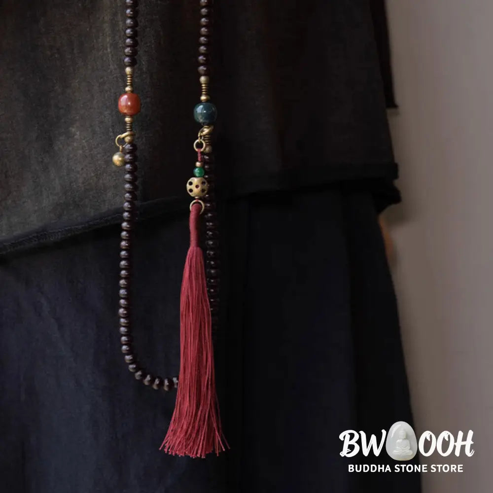 BWOOOH 108 Tibetan Purple Bodhi Seed Mala bracelet, accented with Alashan Agate and copper. A sacred amulet for meditation, spiritual protection, and enlightened awareness. - View 13