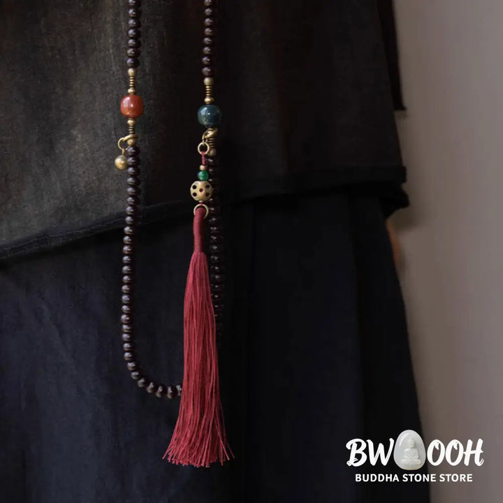 BWOOOH 108 Tibetan Purple Bodhi Seed Mala bracelet, accented with Alashan Agate and copper. A sacred amulet for meditation, spiritual protection, and enlightened awareness. - View 13