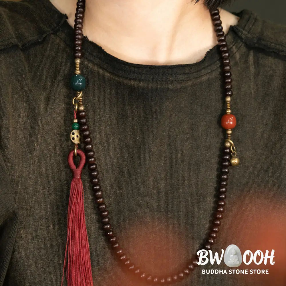 BWOOOH 108 Tibetan Purple Bodhi Seed Mala bracelet, accented with Alashan Agate and copper. A sacred amulet for meditation, spiritual protection, and enlightened awareness. - View 11