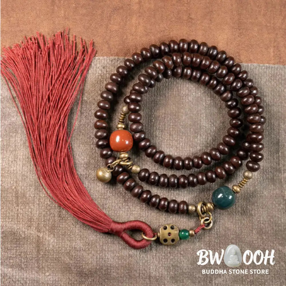 BWOOOH 108 Tibetan Purple Bodhi Seed Mala bracelet, accented with Alashan Agate and copper. A sacred amulet for meditation, spiritual protection, and enlightened awareness. - View 15