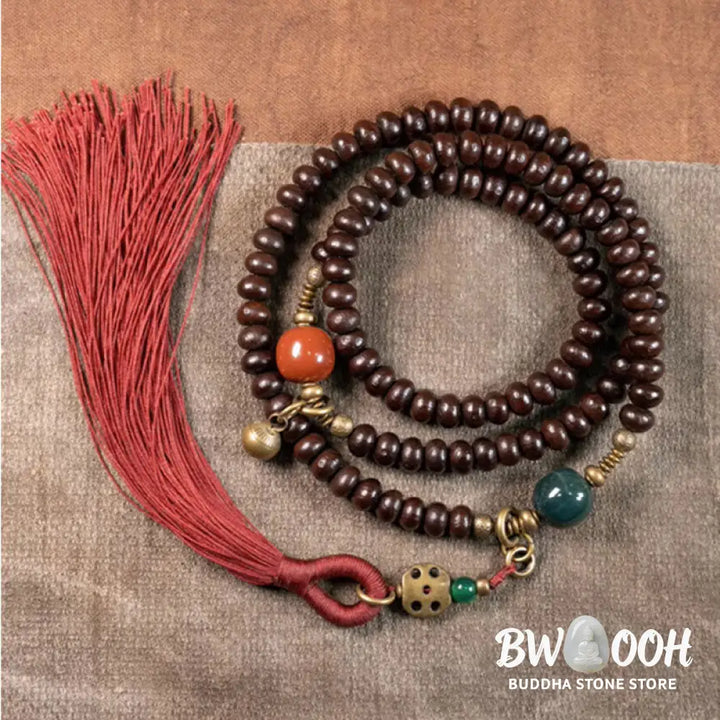 BWOOOH 108 Tibetan Purple Bodhi Seed Mala bracelet, accented with Alashan Agate and copper. A sacred amulet for meditation, spiritual protection, and enlightened awareness. - View 15