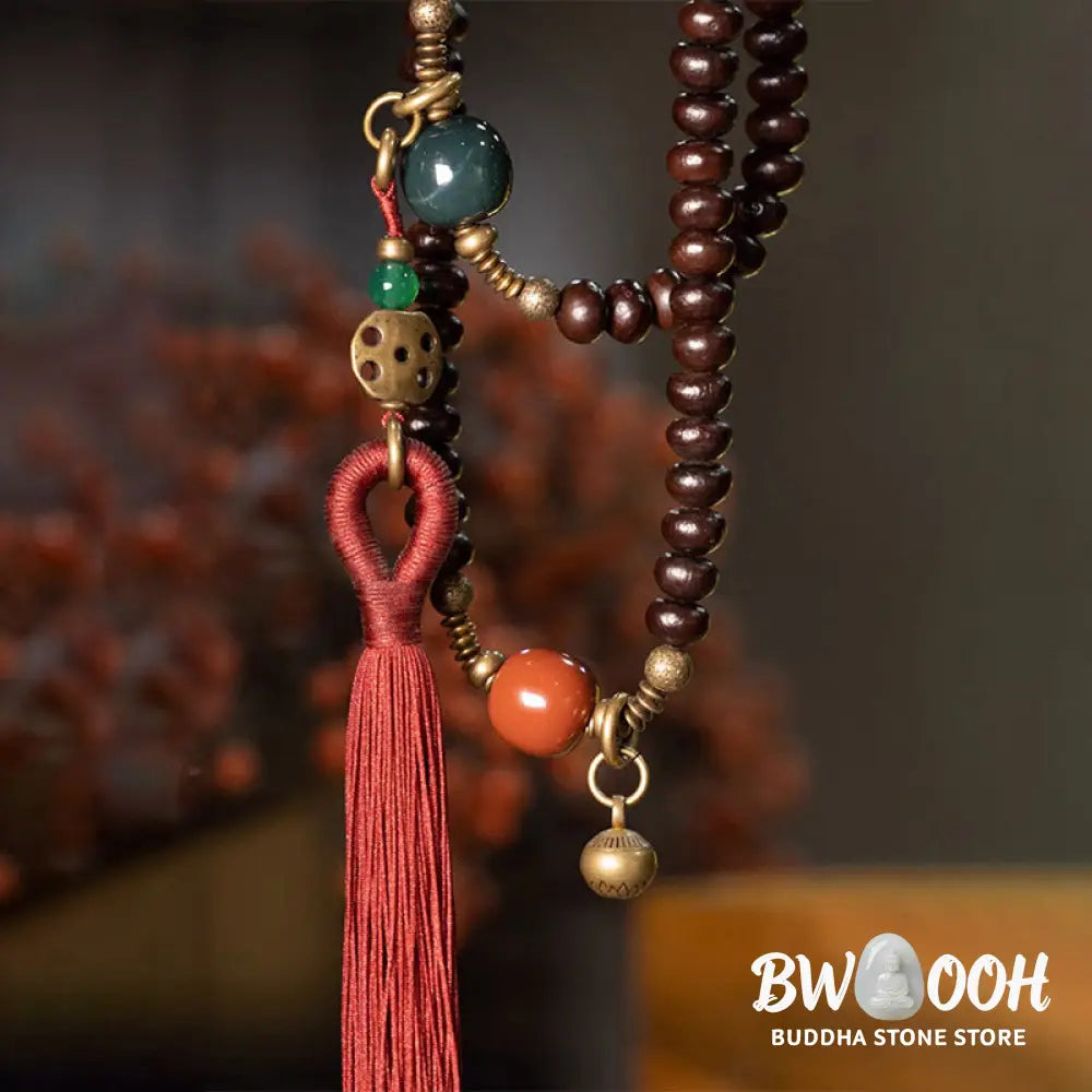 BWOOOH 108 Tibetan Purple Bodhi Seed Mala bracelet, accented with Alashan Agate and copper. A sacred amulet for meditation, spiritual protection, and enlightened awareness. - View 6