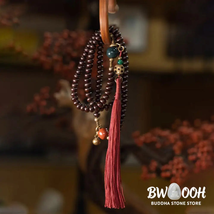 BWOOOH 108 Tibetan Purple Bodhi Seed Mala bracelet, accented with Alashan Agate and copper. A sacred amulet for meditation, spiritual protection, and enlightened awareness. - View 7