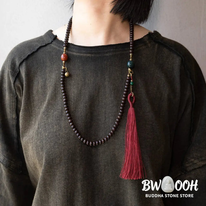 BWOOOH 108 Tibetan Purple Bodhi Seed Mala bracelet, accented with Alashan Agate and copper. A sacred amulet for meditation, spiritual protection, and enlightened awareness. - View 8