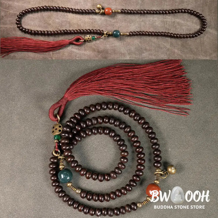 BWOOOH 108 Tibetan Purple Bodhi Seed Mala bracelet, accented with Alashan Agate and copper. A sacred amulet for meditation, spiritual protection, and enlightened awareness. - View 14