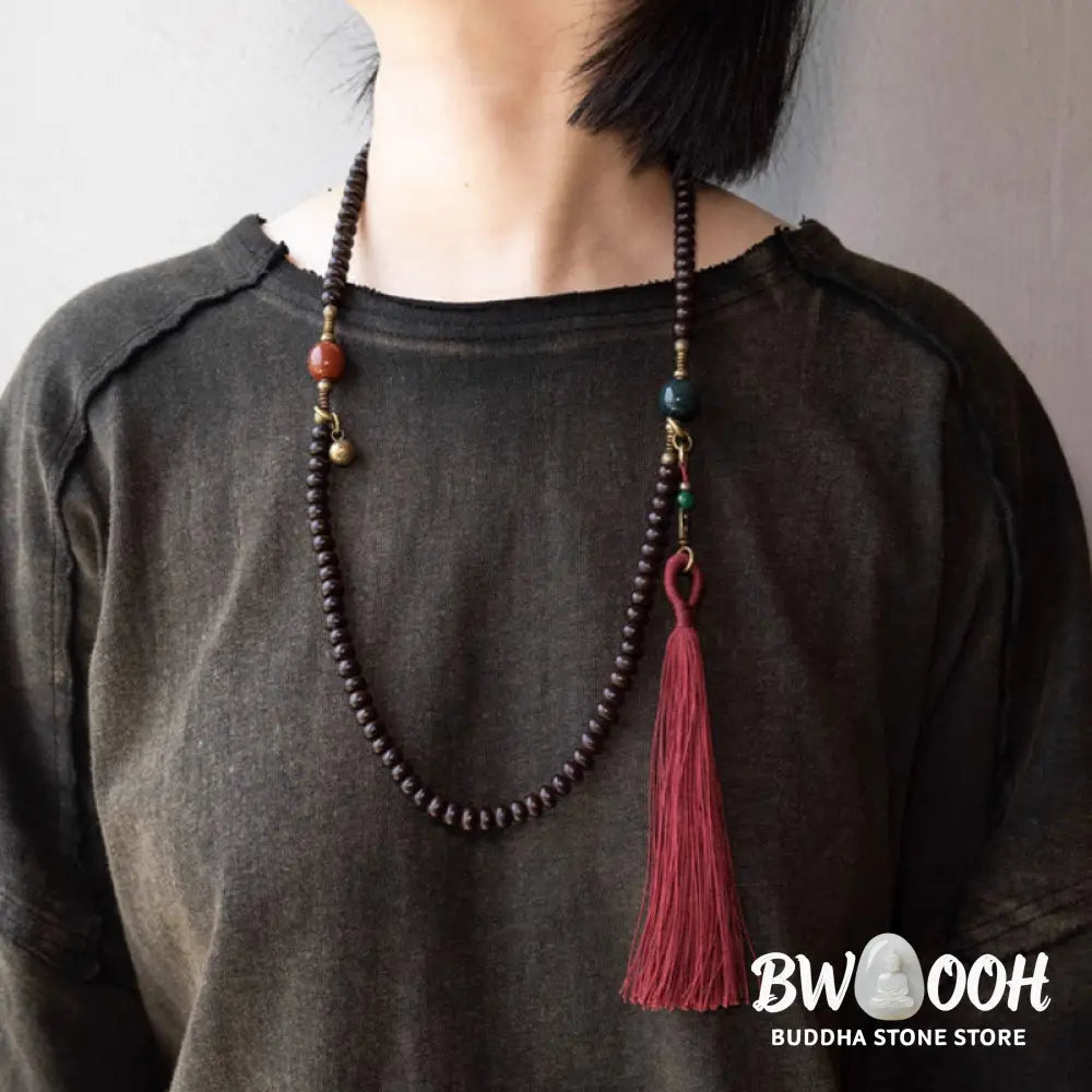 BWOOOH 108 Tibetan Purple Bodhi Seed Mala bracelet, accented with Alashan Agate and copper. A sacred amulet for meditation, spiritual protection, and enlightened awareness. - View 12