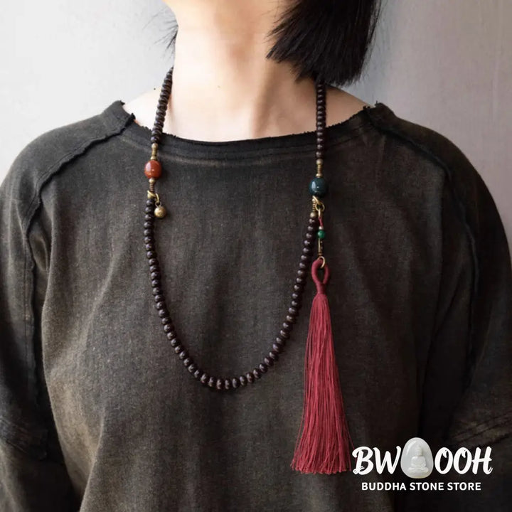 BWOOOH 108 Tibetan Purple Bodhi Seed Mala bracelet, accented with Alashan Agate and copper. A sacred amulet for meditation, spiritual protection, and enlightened awareness. - View 12