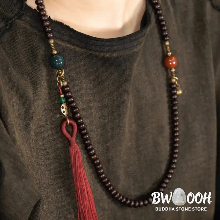 BWOOOH 108 Tibetan Purple Bodhi Seed Mala bracelet, accented with Alashan Agate and copper. A sacred amulet for meditation, spiritual protection, and enlightened awareness. - View 10