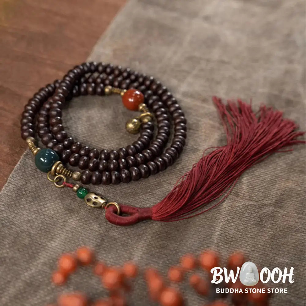 BWOOOH 108 Tibetan Purple Bodhi Seed Mala bracelet, accented with Alashan Agate and copper. A sacred amulet for meditation, spiritual protection, and enlightened awareness. - View 3