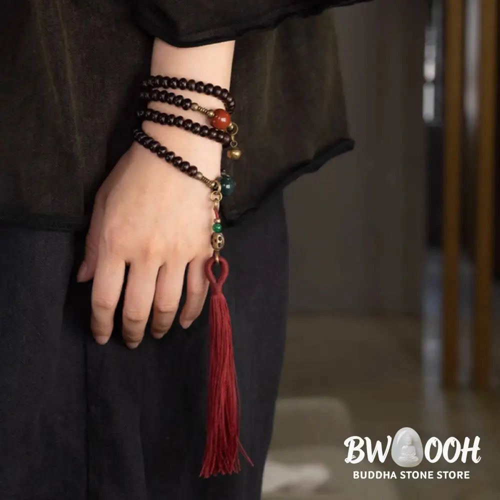 BWOOOH 108 Tibetan Purple Bodhi Seed Mala bracelet, accented with Alashan Agate and copper. A sacred amulet for meditation, spiritual protection, and enlightened awareness. - View 9