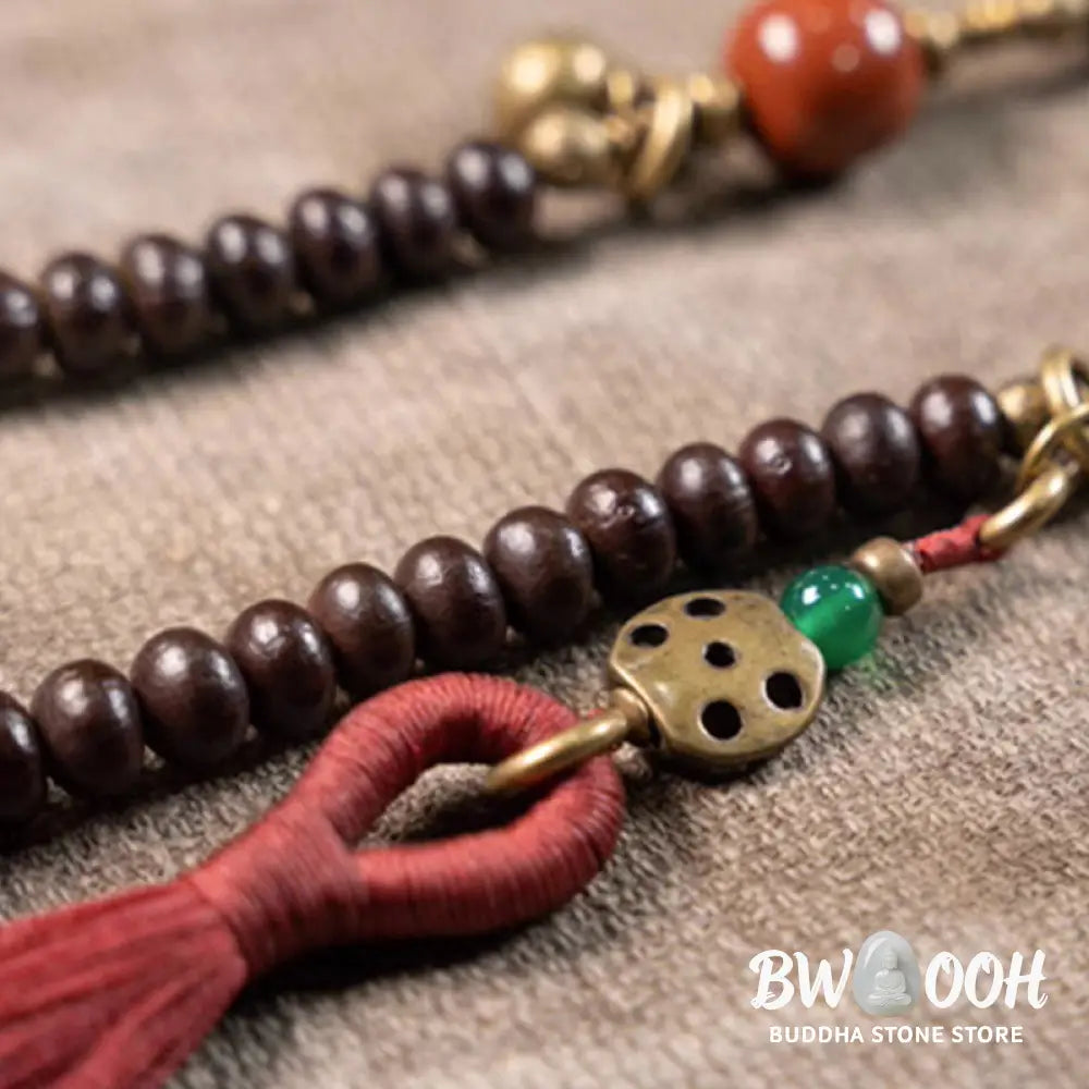 BWOOOH 108 Tibetan Purple Bodhi Seed Mala bracelet, accented with Alashan Agate and copper. A sacred amulet for meditation, spiritual protection, and enlightened awareness. - View 4