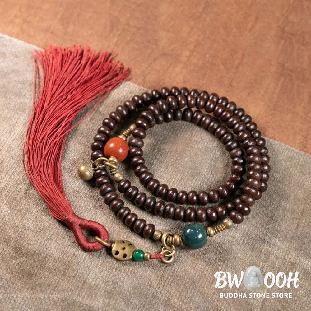 BWOOOH 108 Tibetan Purple Bodhi Seed Mala bracelet, accented with Alashan Agate and copper. A sacred amulet for meditation, spiritual protection, and enlightened awareness. - View 2