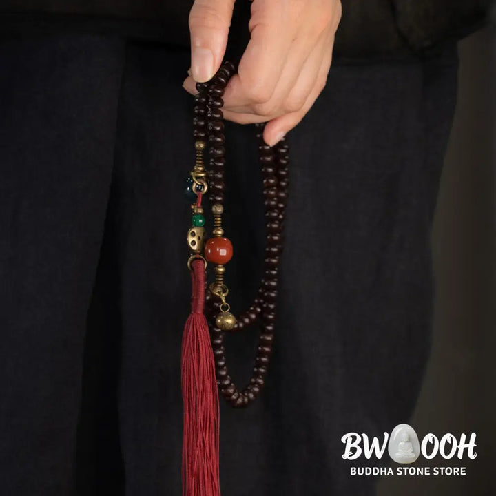 BWOOOH 108 Tibetan Purple Bodhi Seed Mala bracelet, accented with Alashan Agate and copper. A sacred amulet for meditation, spiritual protection, and enlightened awareness. - View 5
