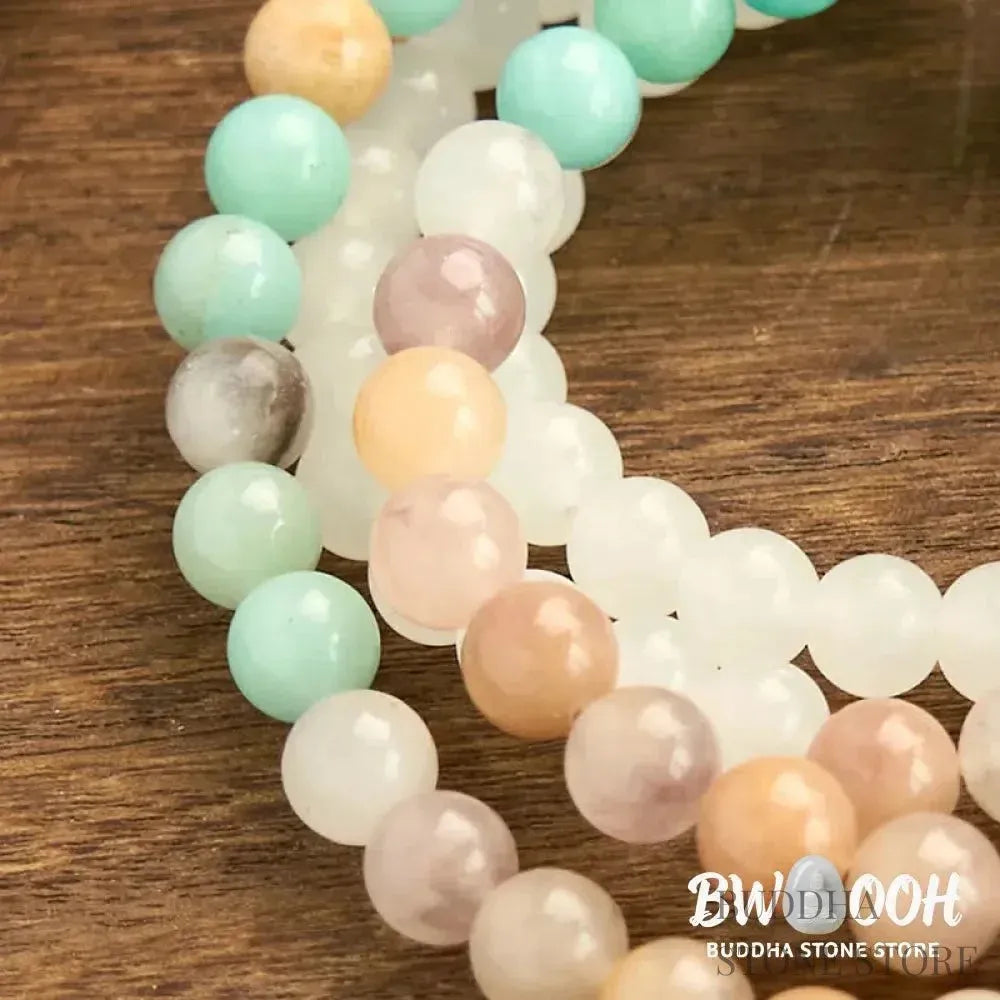 BWOOOH 108-bead Mala bracelet featuring 8mm natural white jade and amazonite beads with a delicate white tassel on premium elastic string, promoting healing and balance. - View 9
