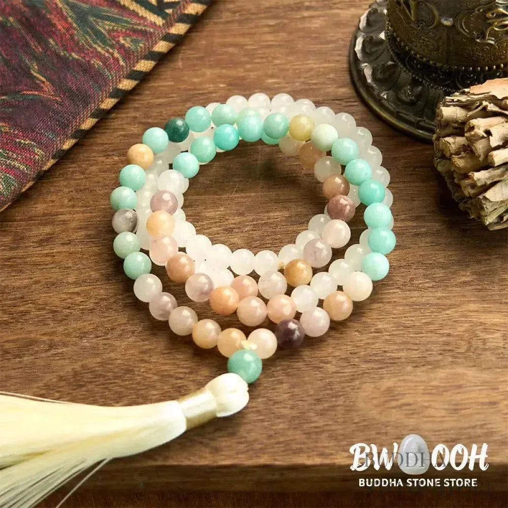 BWOOOH 108-bead Mala bracelet featuring 8mm natural white jade and amazonite beads with a delicate white tassel on premium elastic string, promoting healing and balance. - View 6