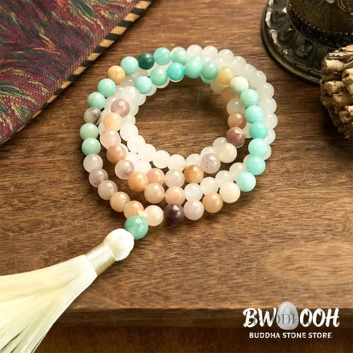 BWOOOH 108-bead Mala bracelet featuring 8mm natural white jade and amazonite beads with a delicate white tassel on premium elastic string, promoting healing and balance. - View 7