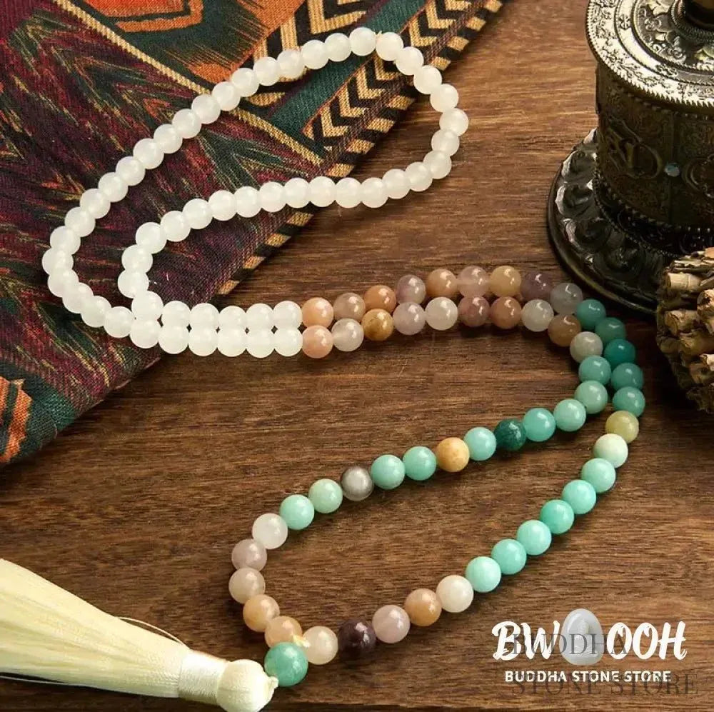 BWOOOH 108-bead Mala bracelet featuring 8mm natural white jade and amazonite beads with a delicate white tassel on premium elastic string, promoting healing and balance. - View 2