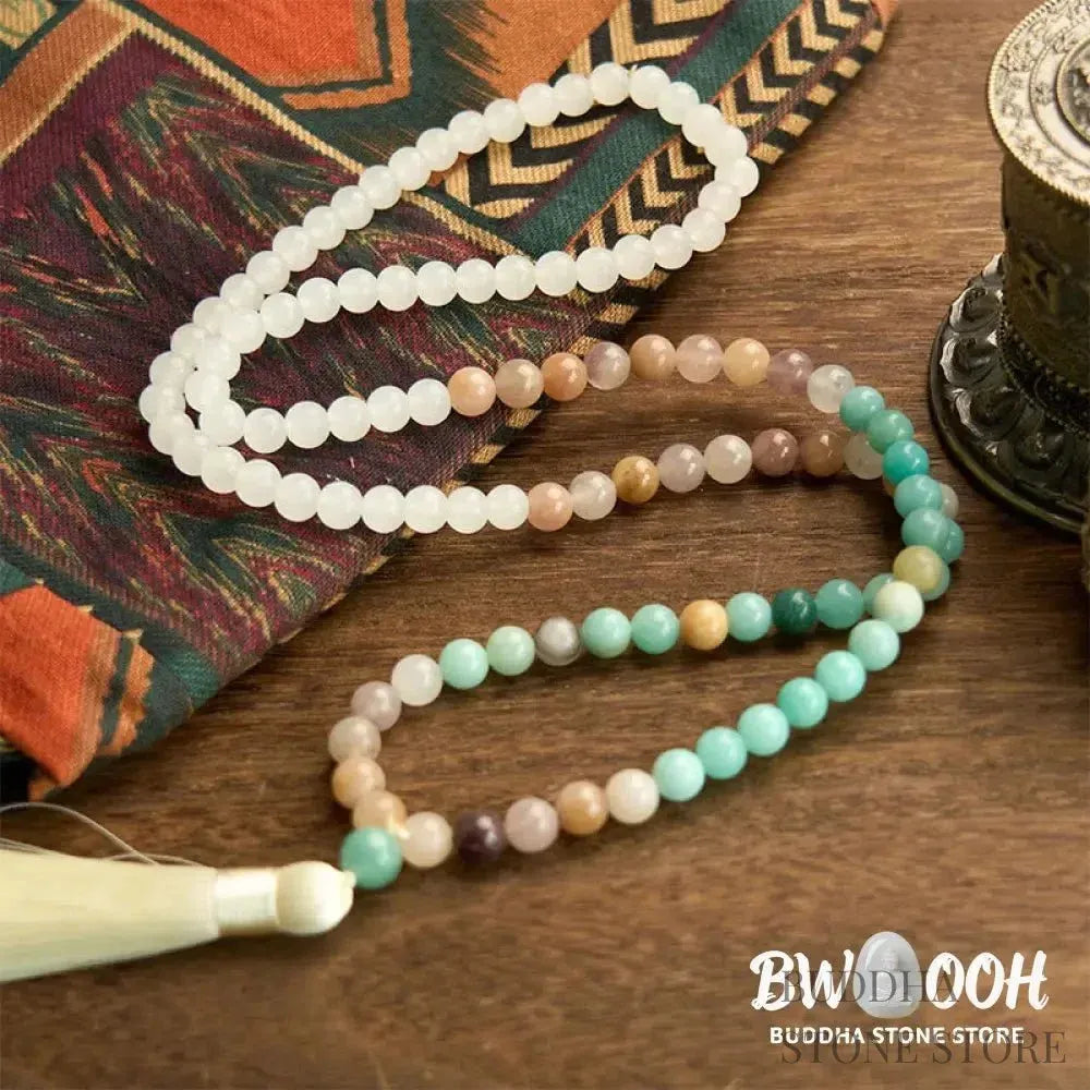 BWOOOH 108-bead Mala bracelet featuring 8mm natural white jade and amazonite beads with a delicate white tassel on premium elastic string, promoting healing and balance. - View 5