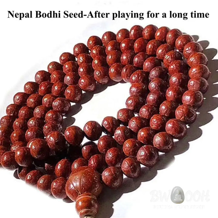 BWOOOH 108-bead Nepal Bodhi Seed Mala bracelet featuring varied 11-13mm dark-speckled seeds on premium string, with a symbolic tassel, designed for meditation and daily spiritual awareness. - View 15
