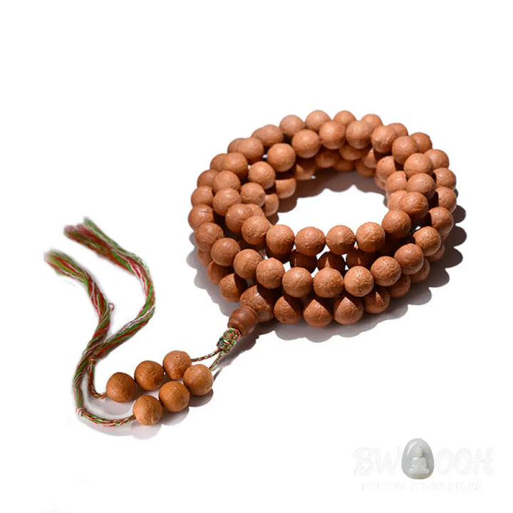 BWOOOH 108-bead Nepal Bodhi Seed Mala bracelet featuring varied 11-13mm dark-speckled seeds on premium string, with a symbolic tassel, designed for meditation and daily spiritual awareness. - View 12