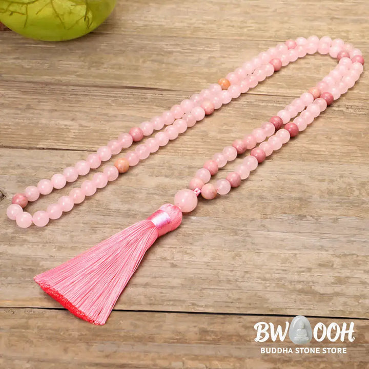 BWOOOH 108 Mala Beads Pink Crystal Love Tassel Bracelet, handcrafted with 8mm pink crystal beads on premium elastic string, featuring a matching love-inspired tassel, ideal for meditation, spiritual balance, and promoting self-acceptance. - View 9