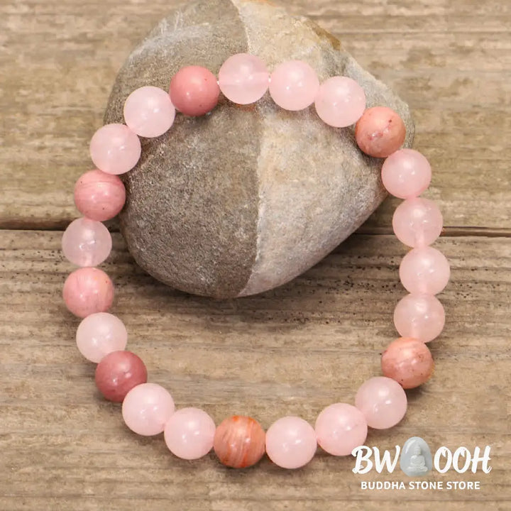 BWOOOH 108 Mala Beads Pink Crystal Love Tassel Bracelet, handcrafted with 8mm pink crystal beads on premium elastic string, featuring a matching love-inspired tassel, ideal for meditation, spiritual balance, and promoting self-acceptance. - View 6
