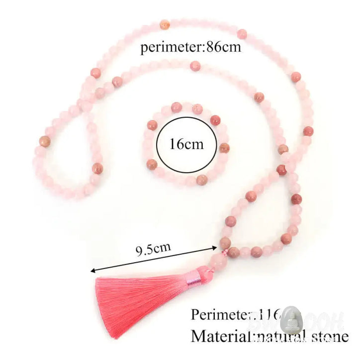 BWOOOH 108 Mala Beads Pink Crystal Love Tassel Bracelet, handcrafted with 8mm pink crystal beads on premium elastic string, featuring a matching love-inspired tassel, ideal for meditation, spiritual balance, and promoting self-acceptance. - View 11
