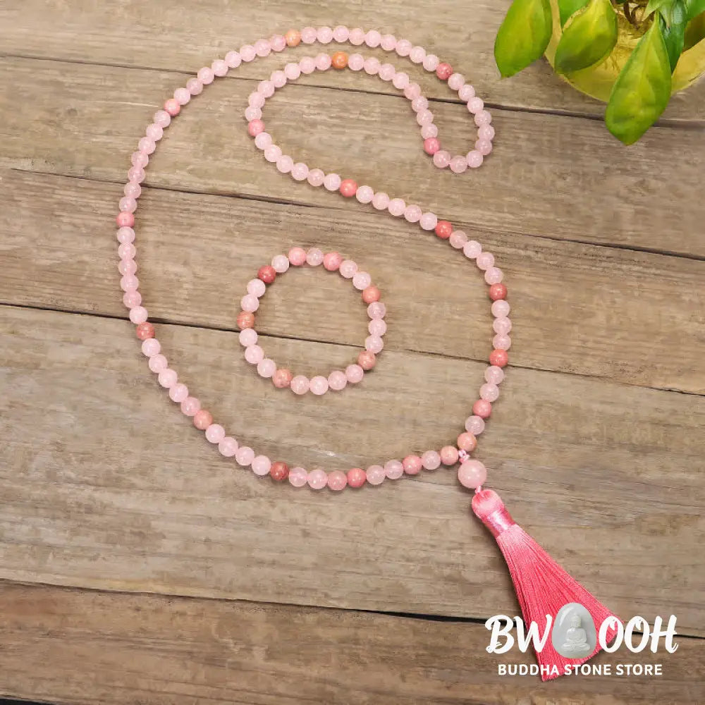BWOOOH 108 Mala Beads Pink Crystal Love Tassel Bracelet, handcrafted with 8mm pink crystal beads on premium elastic string, featuring a matching love-inspired tassel, ideal for meditation, spiritual balance, and promoting self-acceptance. - View 3
