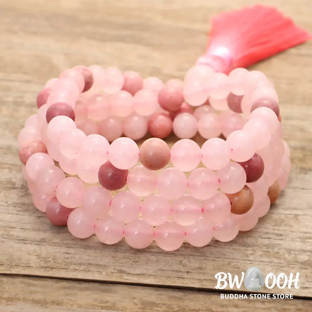 BWOOOH 108 Mala Beads Pink Crystal Love Tassel Bracelet, handcrafted with 8mm pink crystal beads on premium elastic string, featuring a matching love-inspired tassel, ideal for meditation, spiritual balance, and promoting self-acceptance. - View 10