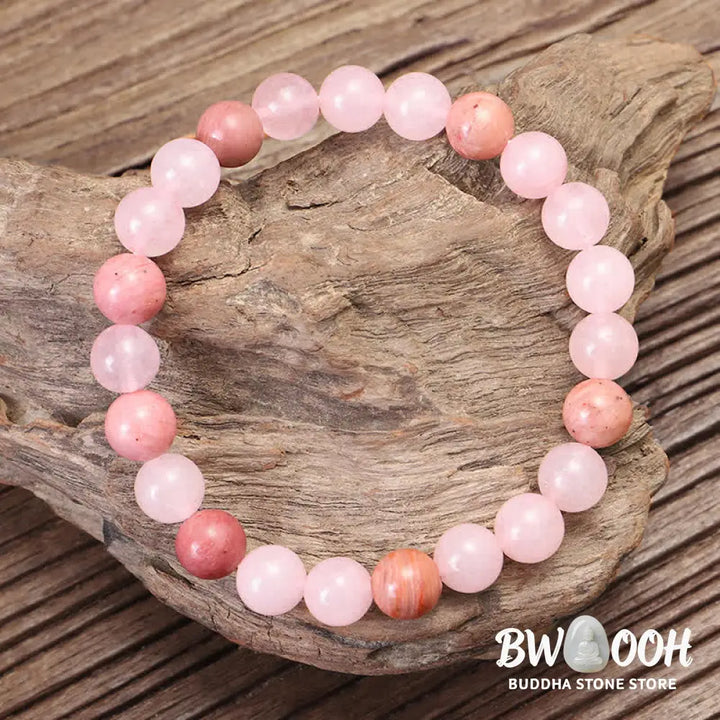BWOOOH 108 Mala Beads Pink Crystal Love Tassel Bracelet, handcrafted with 8mm pink crystal beads on premium elastic string, featuring a matching love-inspired tassel, ideal for meditation, spiritual balance, and promoting self-acceptance. - View 5
