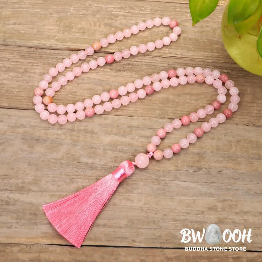 BWOOOH 108 Mala Beads Pink Crystal Love Tassel Bracelet, handcrafted with 8mm pink crystal beads on premium elastic string, featuring a matching love-inspired tassel, ideal for meditation, spiritual balance, and promoting self-acceptance. - View 8