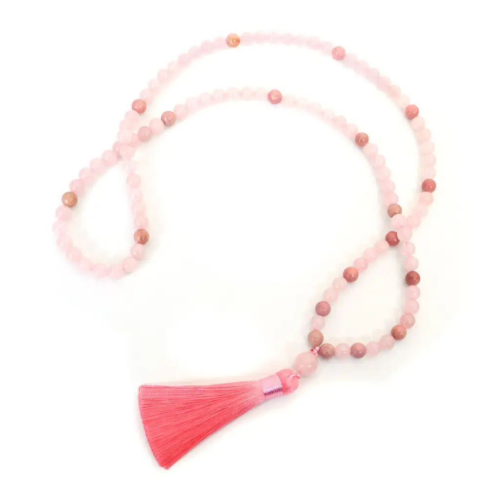 BWOOOH 108 Mala Beads Pink Crystal Love Tassel Bracelet, handcrafted with 8mm pink crystal beads on premium elastic string, featuring a matching love-inspired tassel, ideal for meditation, spiritual balance, and promoting self-acceptance. - View 7