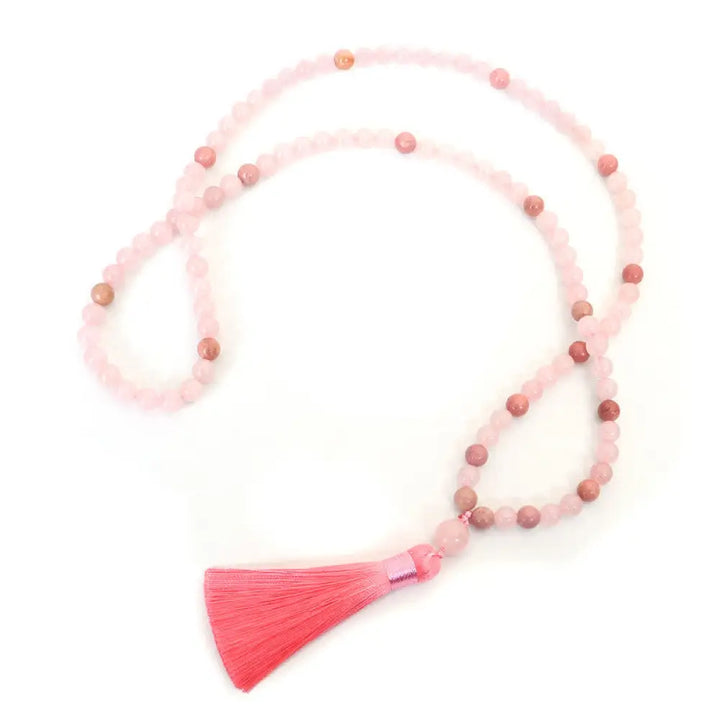 BWOOOH 108 Mala Beads Pink Crystal Love Tassel Bracelet, handcrafted with 8mm pink crystal beads on premium elastic string, featuring a matching love-inspired tassel, ideal for meditation, spiritual balance, and promoting self-acceptance. - View 7