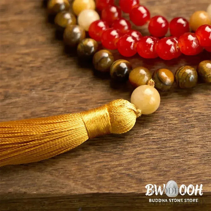 BWOOOH 108-bead Red Agate &amp; Tiger Eye mala bracelet with vibrant yellow tassel, handcrafted for Zen meditation, promoting emotional balance, inner strength, and focused tranquility. - View 7
