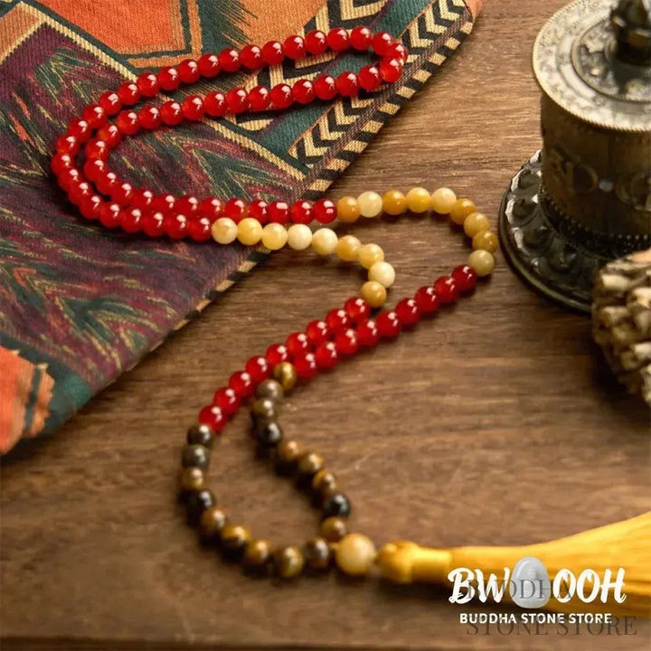 BWOOOH 108-bead Red Agate &amp; Tiger Eye mala bracelet with vibrant yellow tassel, handcrafted for Zen meditation, promoting emotional balance, inner strength, and focused tranquility. - View 5